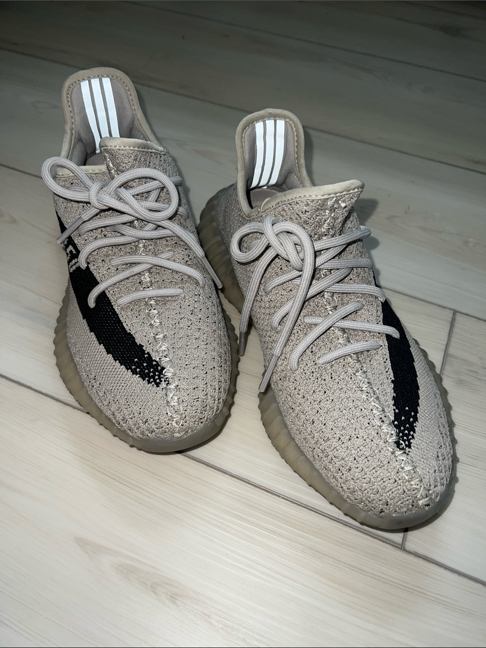 Yeezy Knit Sneakers in Beige with Black Stripe